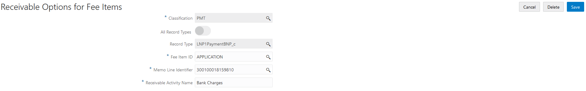 Example of the Receivable Options for Fee Items details page