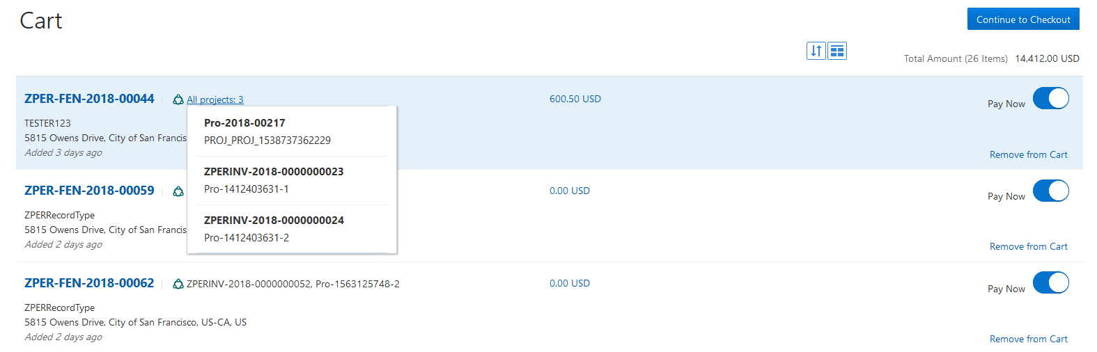 Example of a payment cart with fees
