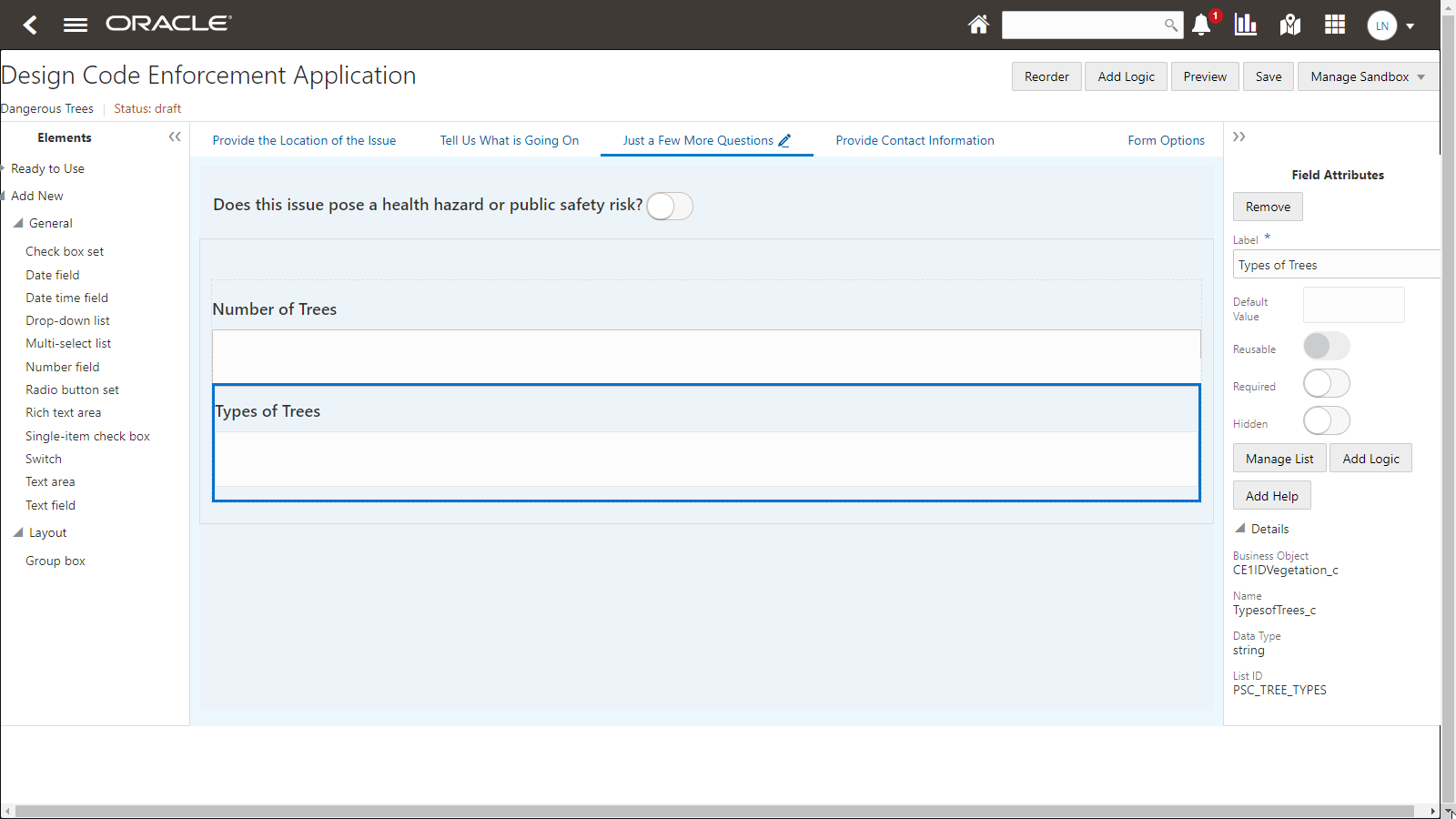 Code Enforcement Intake Form Designer user interface