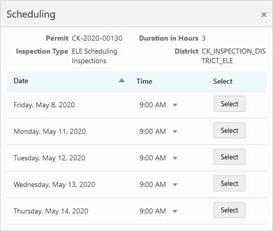 Example of the Scheduling modal page