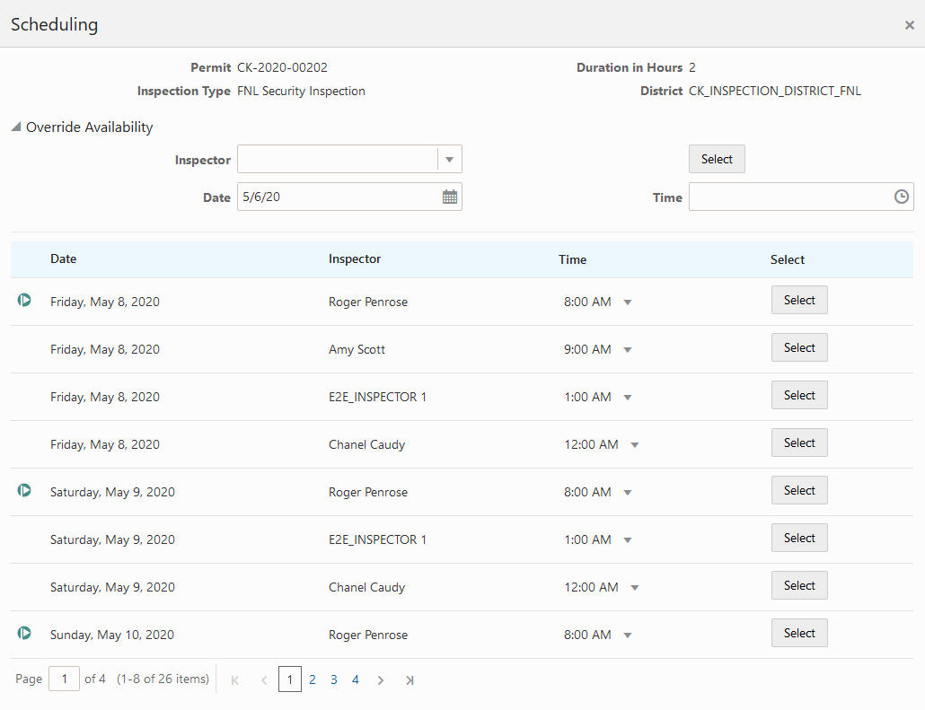 Example of the Scheduling modal page for an inspections supervisor