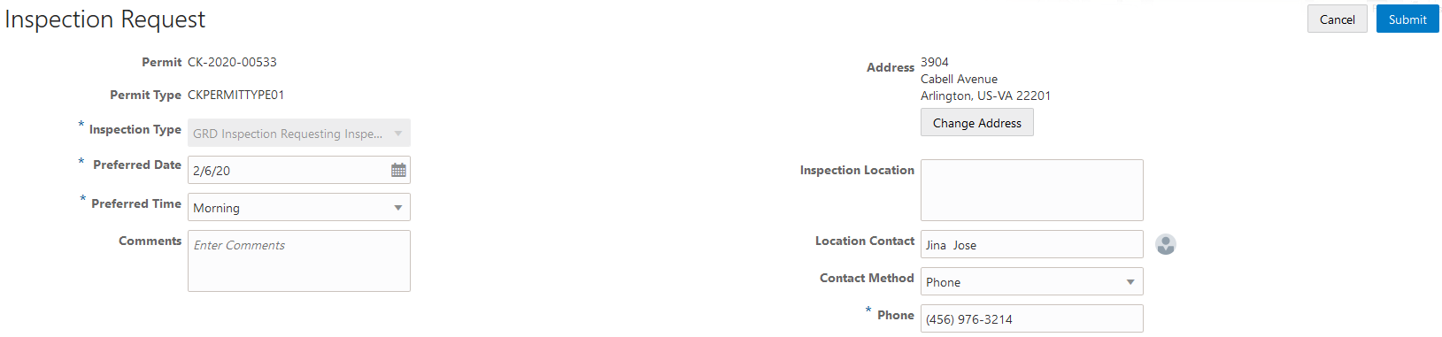 Example of the Inspection Request page