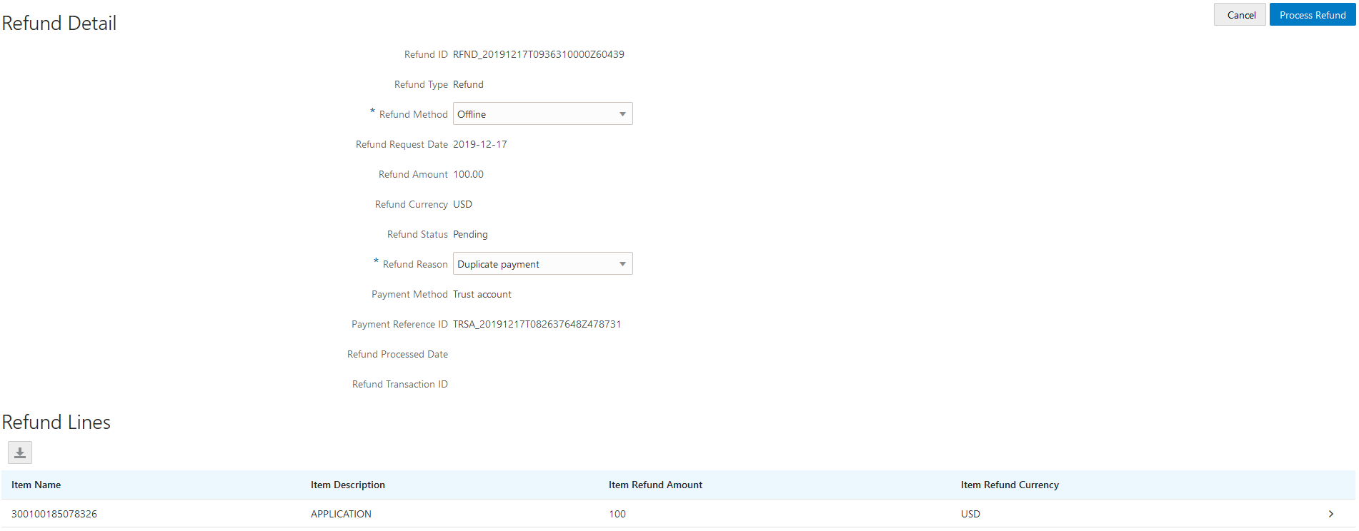 Example of the Refund Detail page