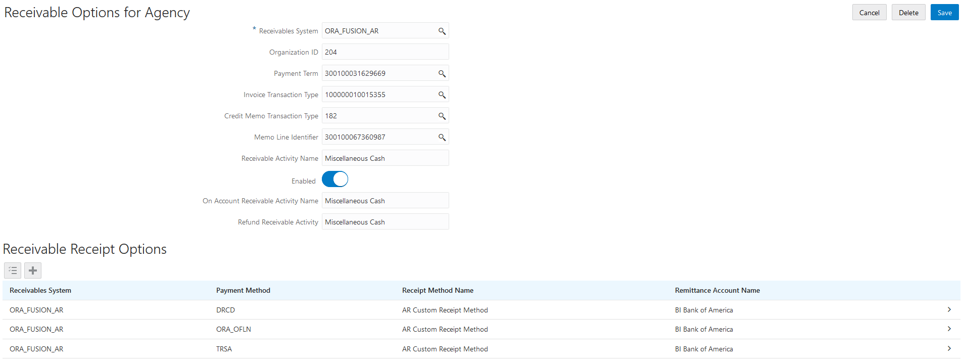Example of the Receivable Options for Agency details page