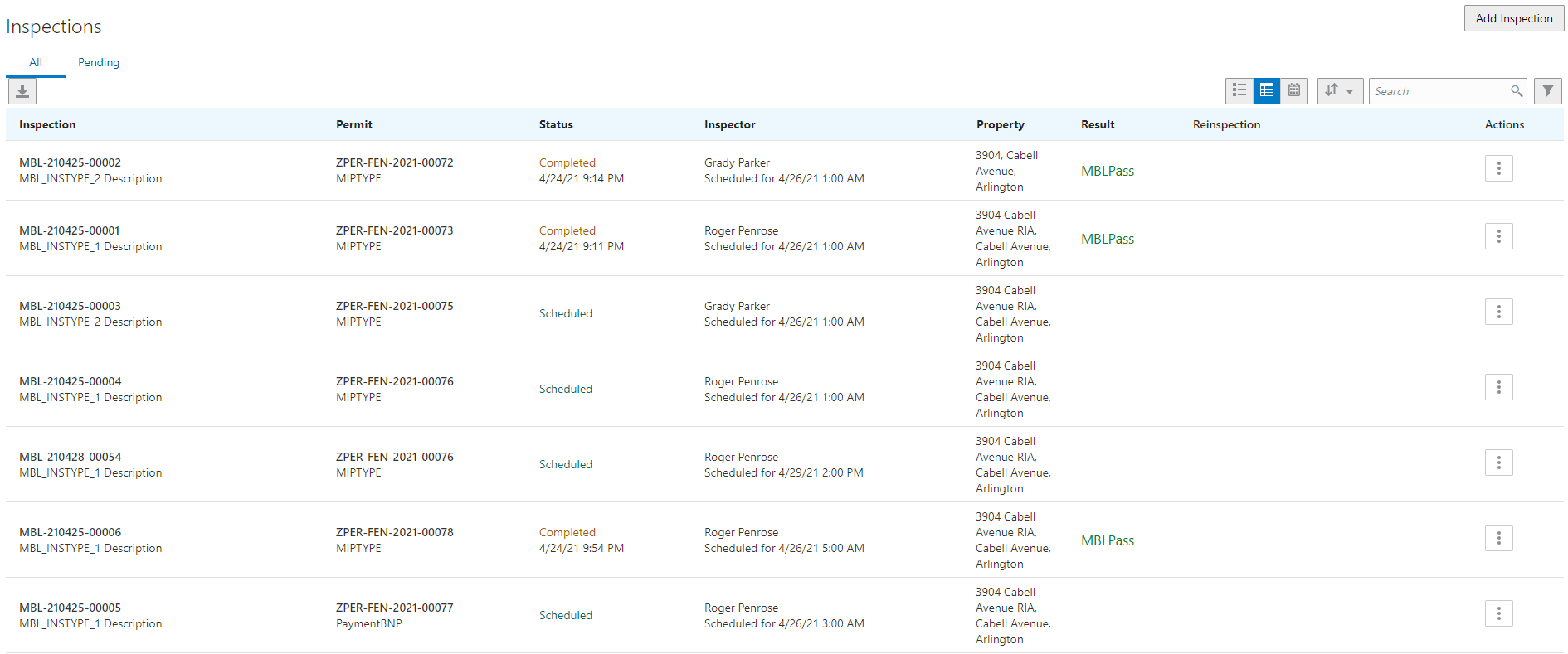 Example of the Inspections page