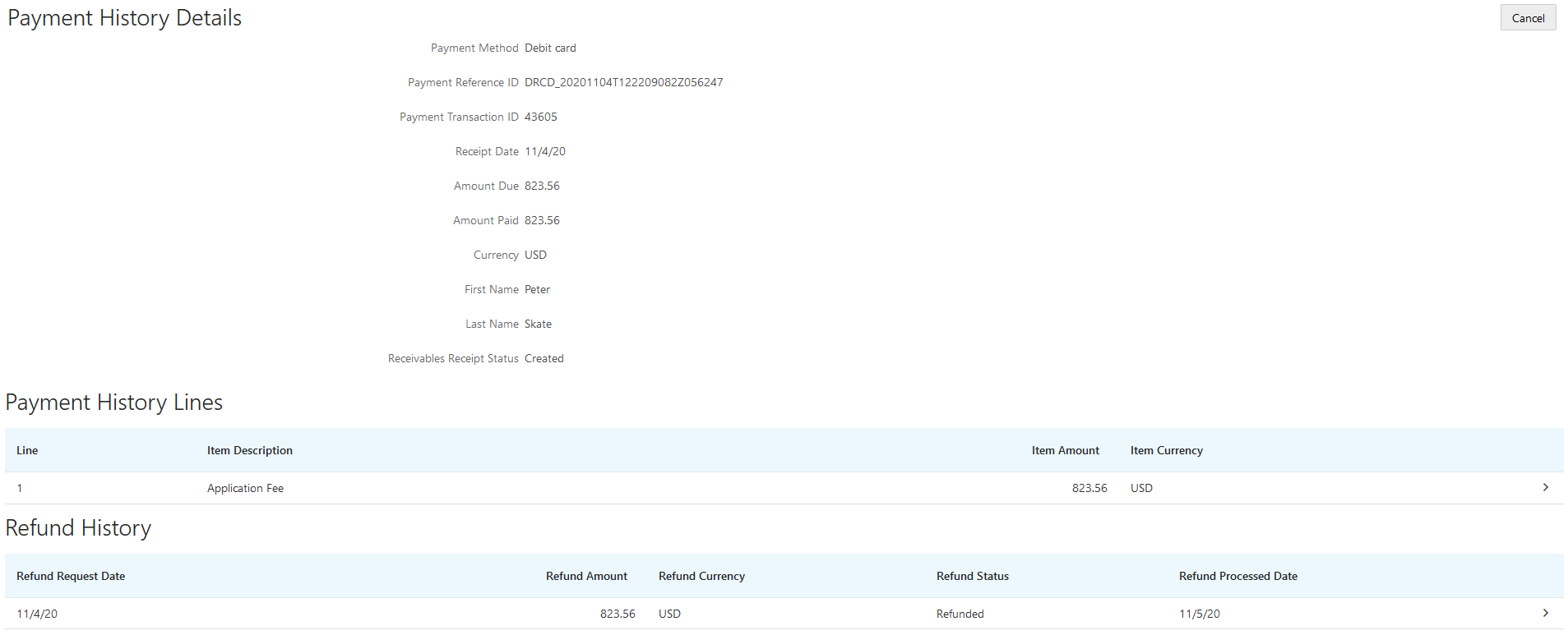 Example of the Payment History Details page