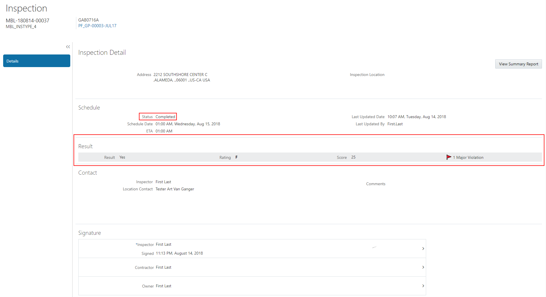 Example of inspection evaluation elements on the Inspection List page in the permit details