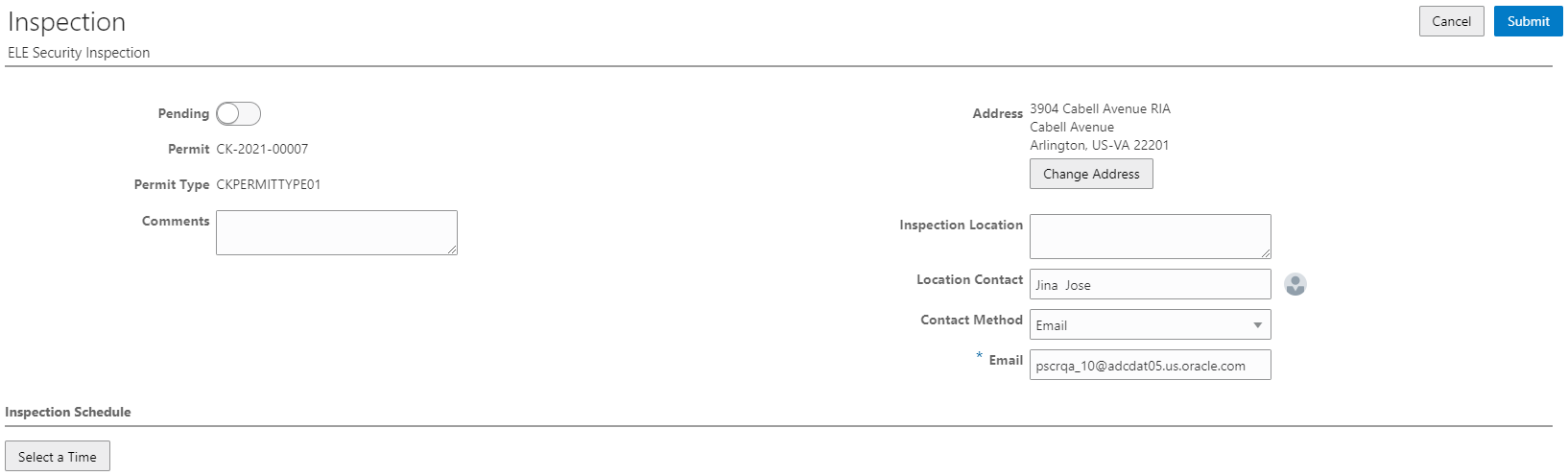 Example of the Inspection page for a single inspection
