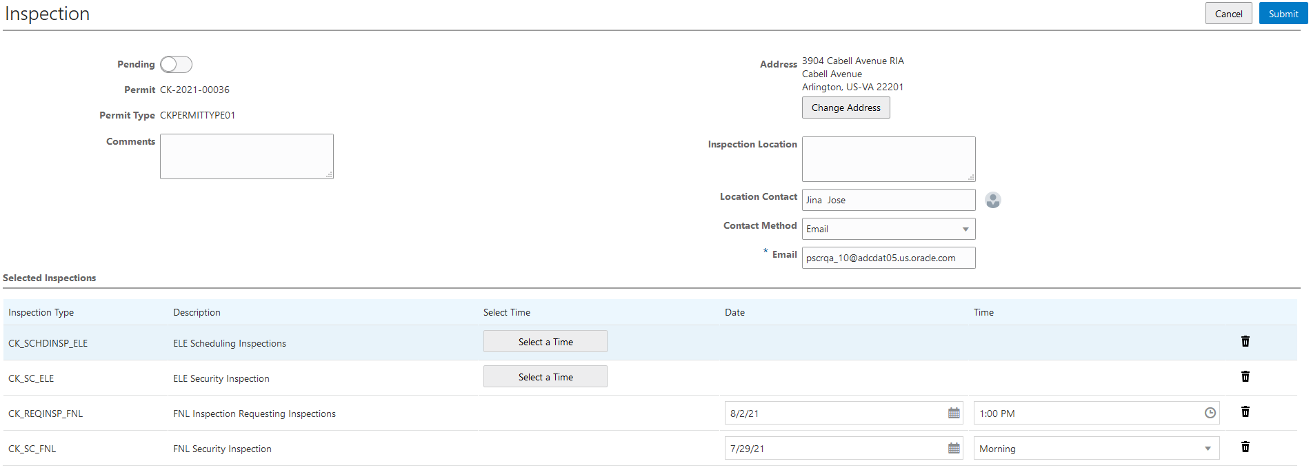 Example of the Inspection page for multiple inspections