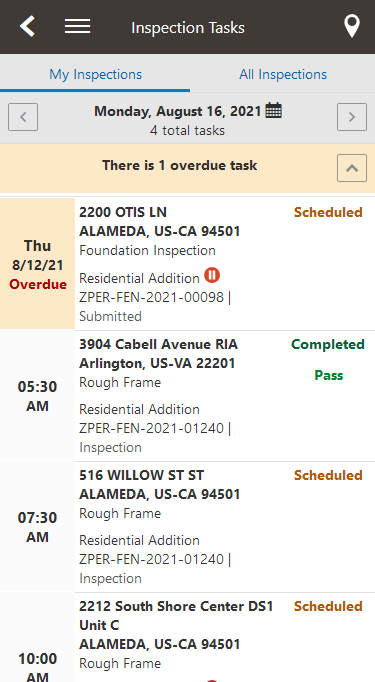 Example of the Inspection Supervisor view of the Inspection Tasks page