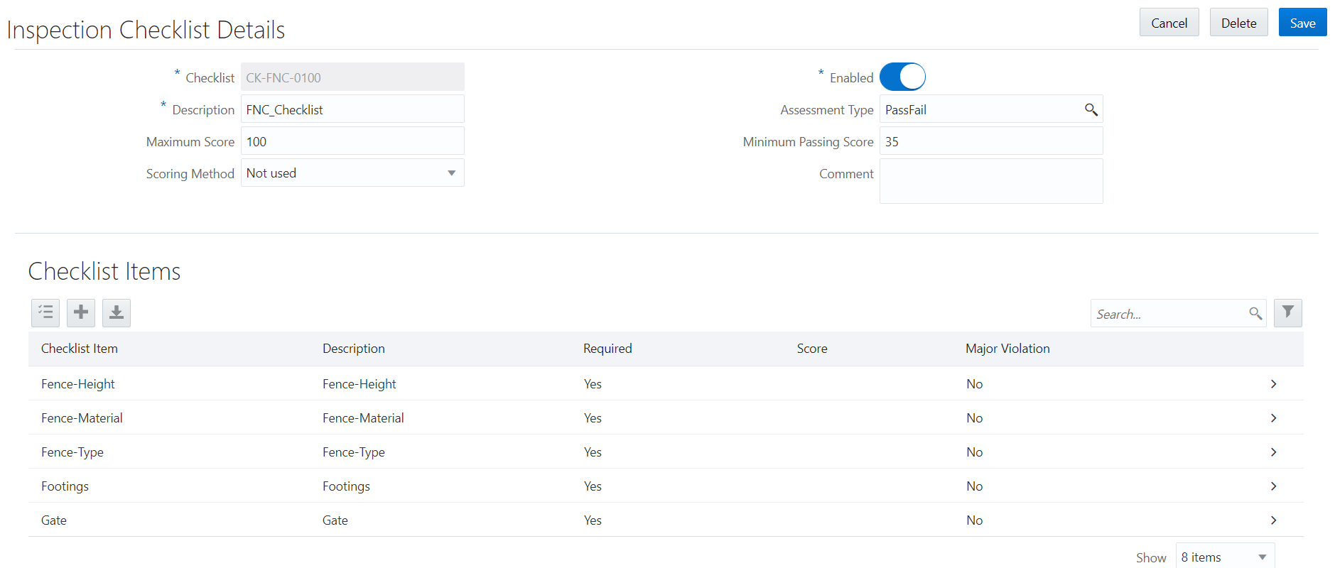 Inspection Checklist Details page