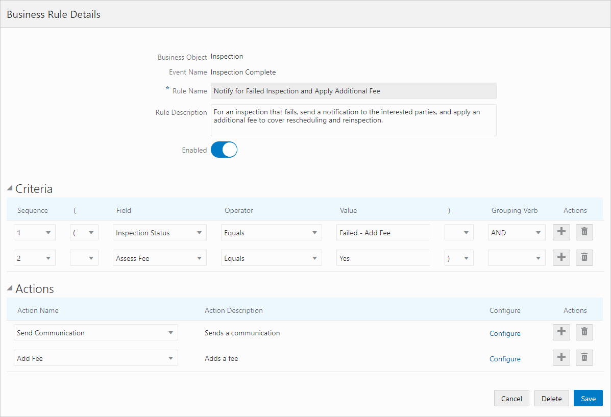 Business Rule Details page with Add Fee action