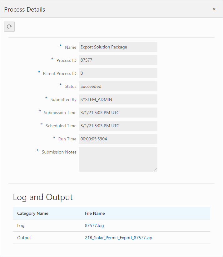 Process Details page with solution package output