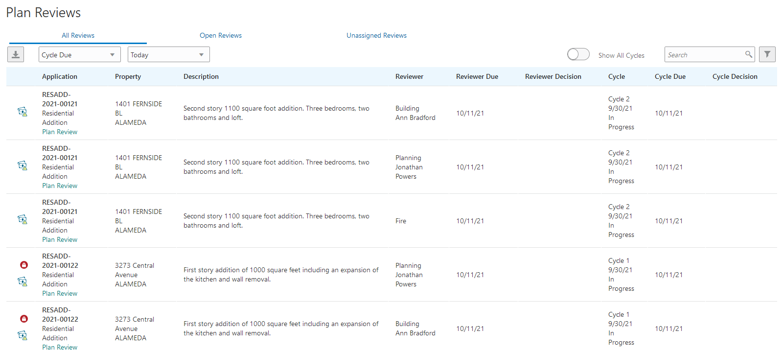 Plan Reviews - All Reviews page in the Plan Review Console