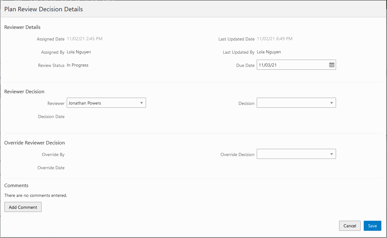 Plan Review Decision Details page