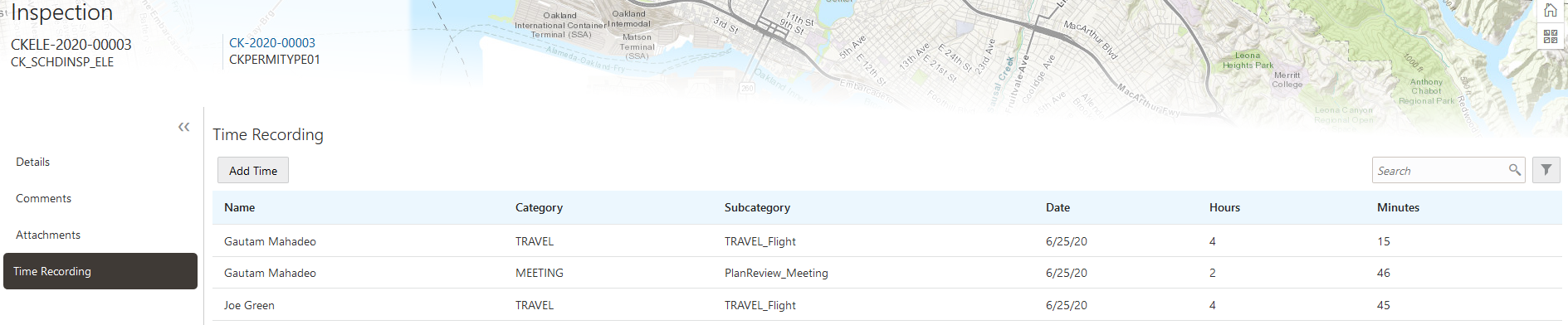 Example of the Time Recording page for an inspection