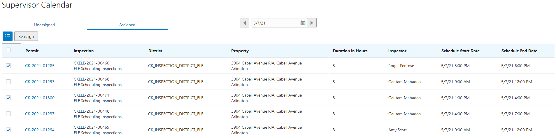 Example of the Assigned tab of the Supervisor Calendar page with the Select Multiple button selected