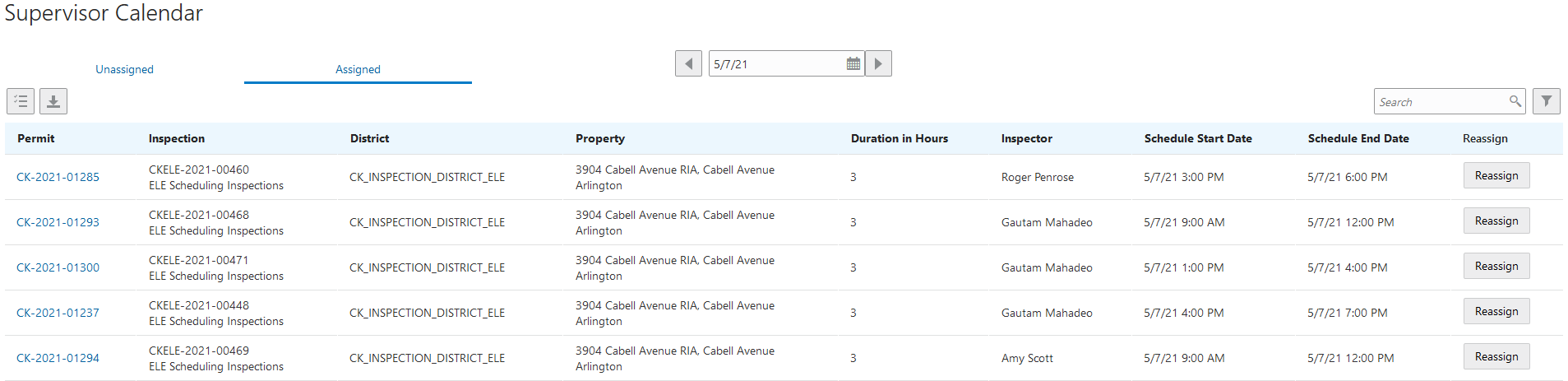Example of the Assigned tab of the Supervisor Calendar page