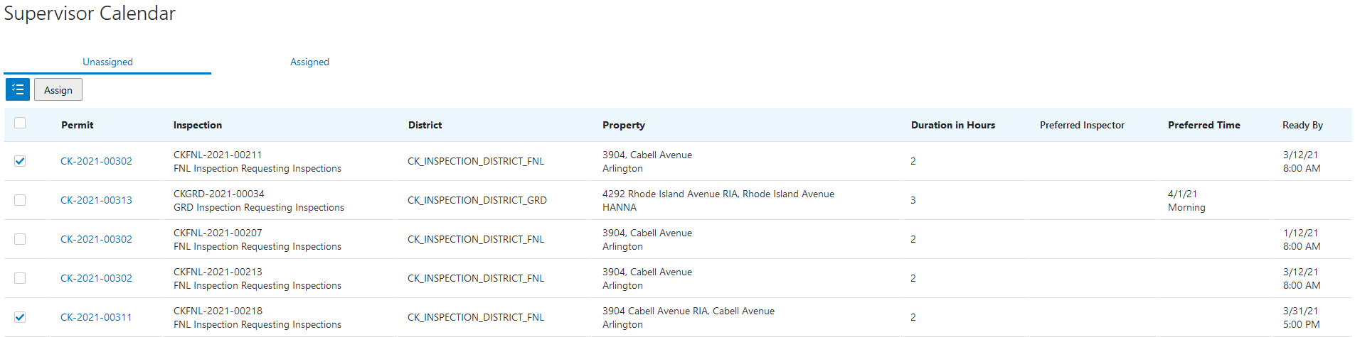 Example of the Unassigned tab of the Supervisor Calendar page with the Select Multiple button selected