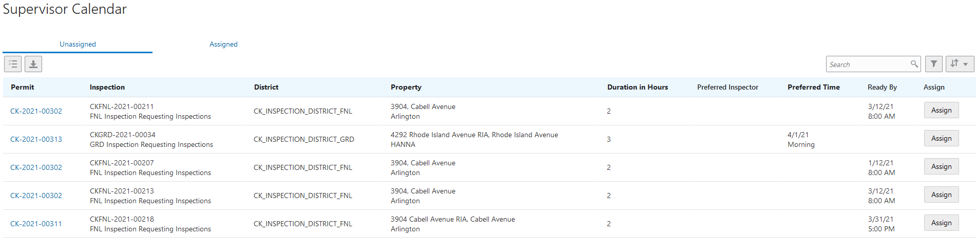 Example of the Unassigned tab of the Supervisor Calendar page