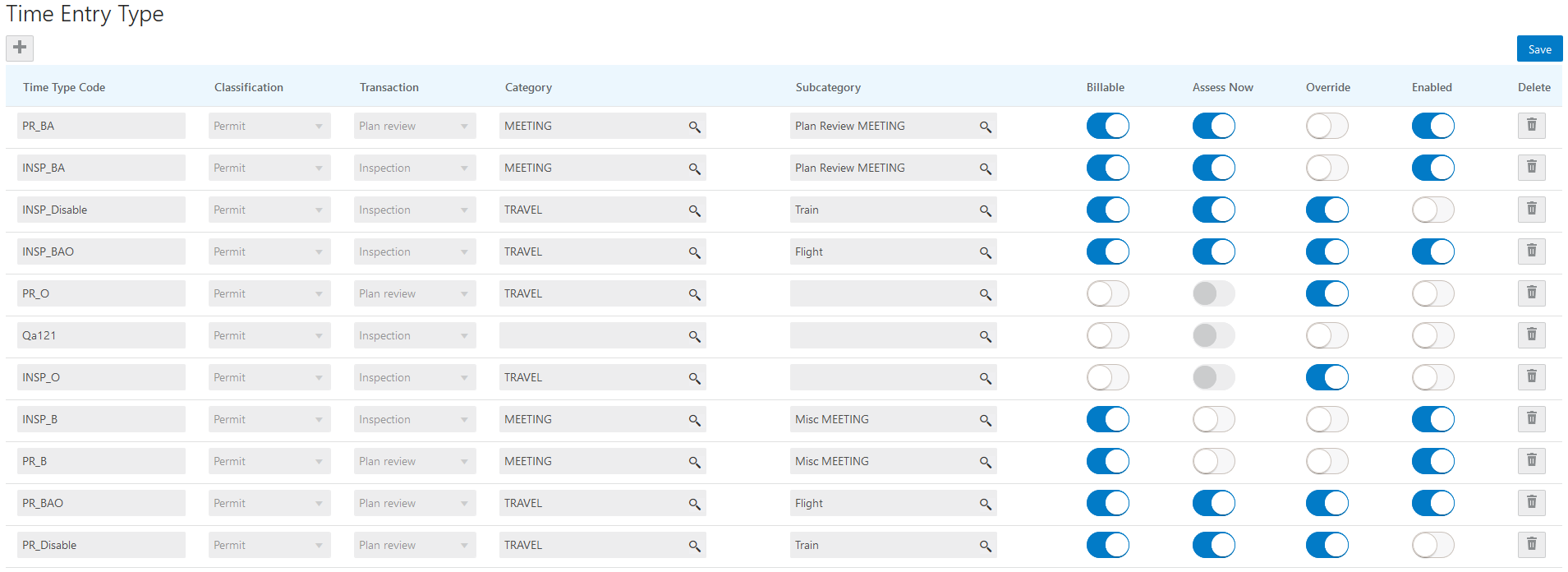 Time Entry Type page