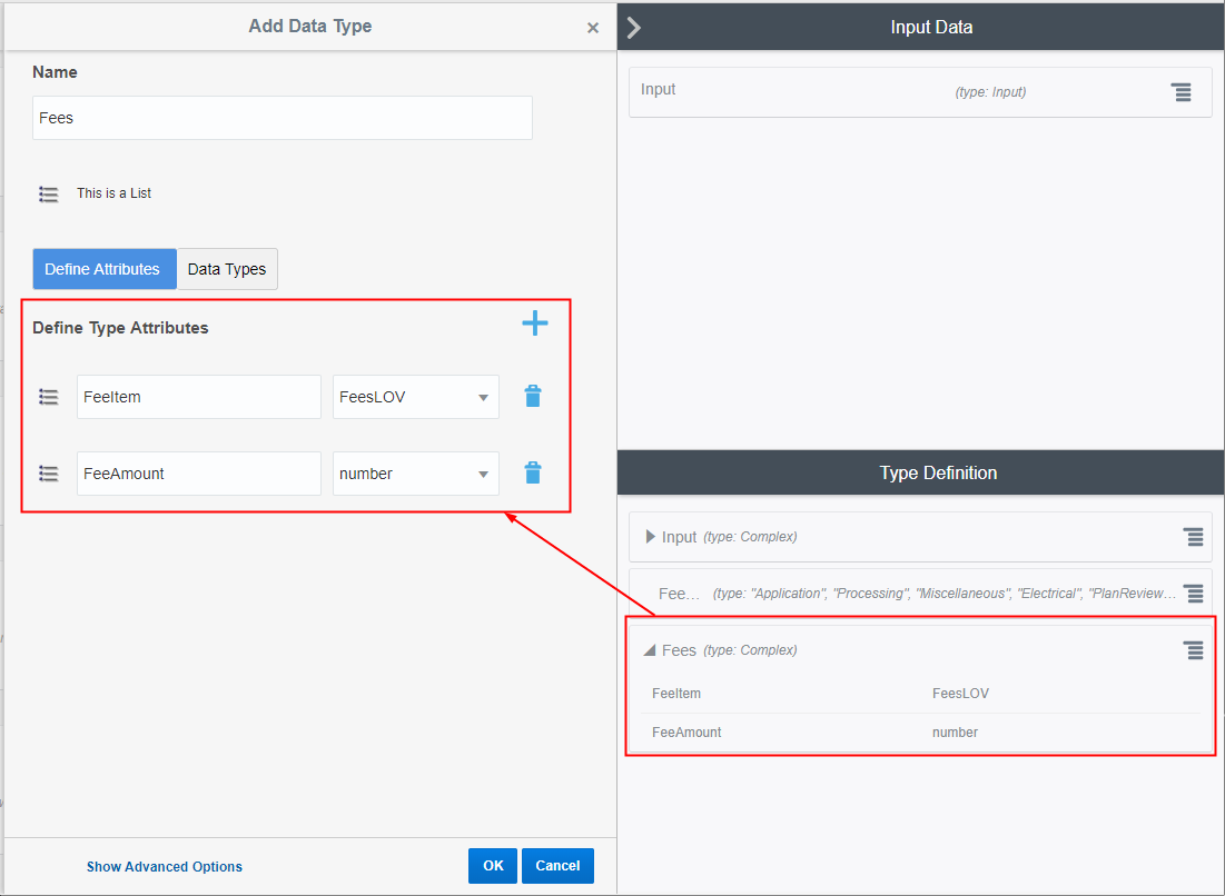 Creating a complex data type output with FeeItem and FeeAmount values in the decision model