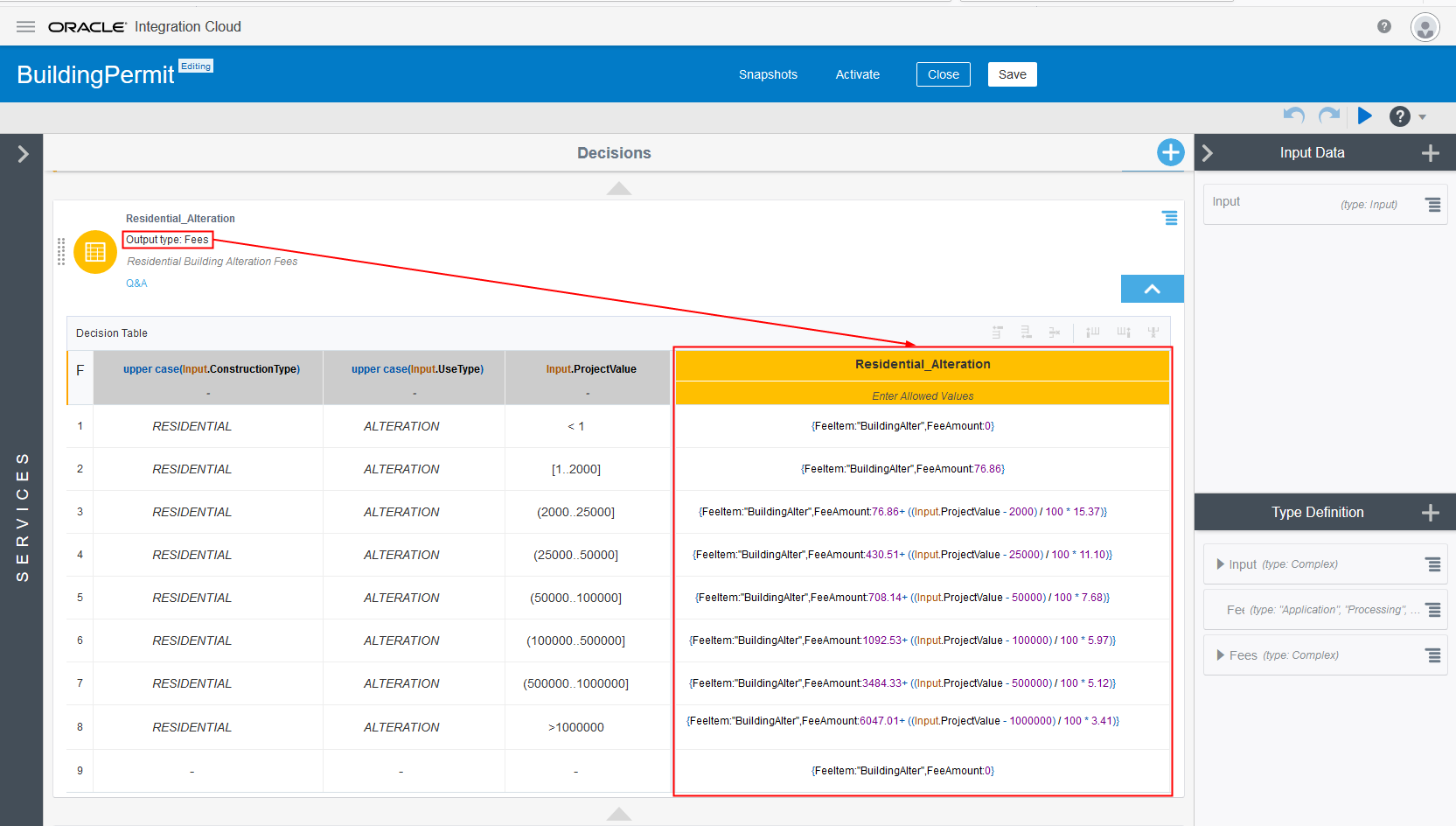 Example of the Fees output type and the final Decision Table with allowed values