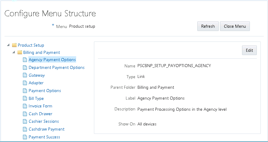 Configure Menu Structure page