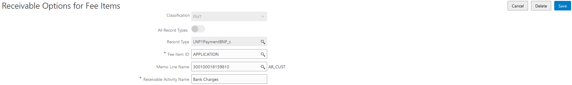 Example of the Receivable Options for Fee Items details page