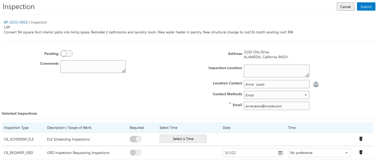 Request for multiple inspections on the Inspection page