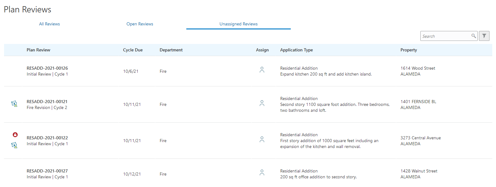Plan Reviews - Unassigned Reviews page in the Plan Review Console