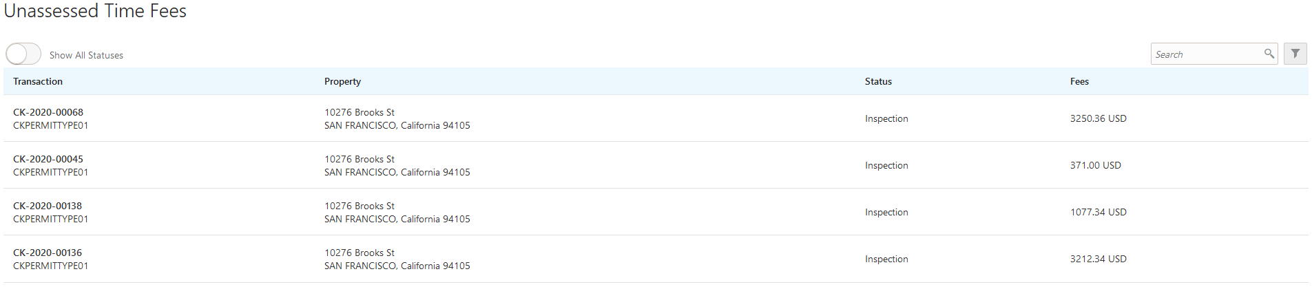 Unassessed Time Fees page