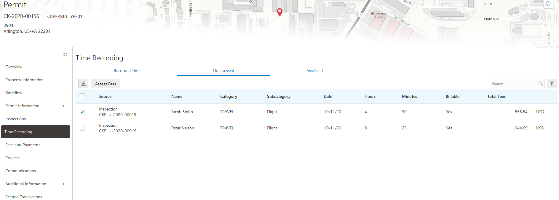 Example of the Time Recording page for a permit