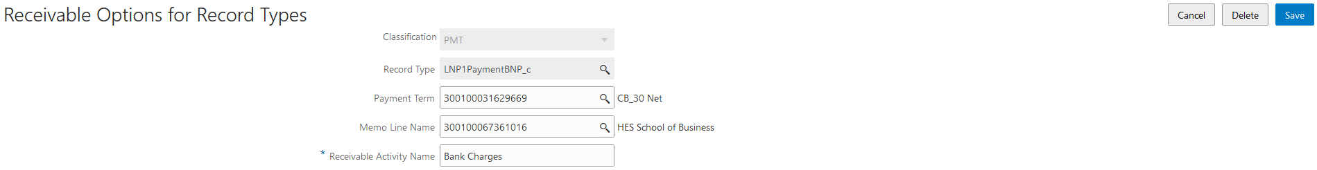 Example of the Receivable Options for Record Types details page