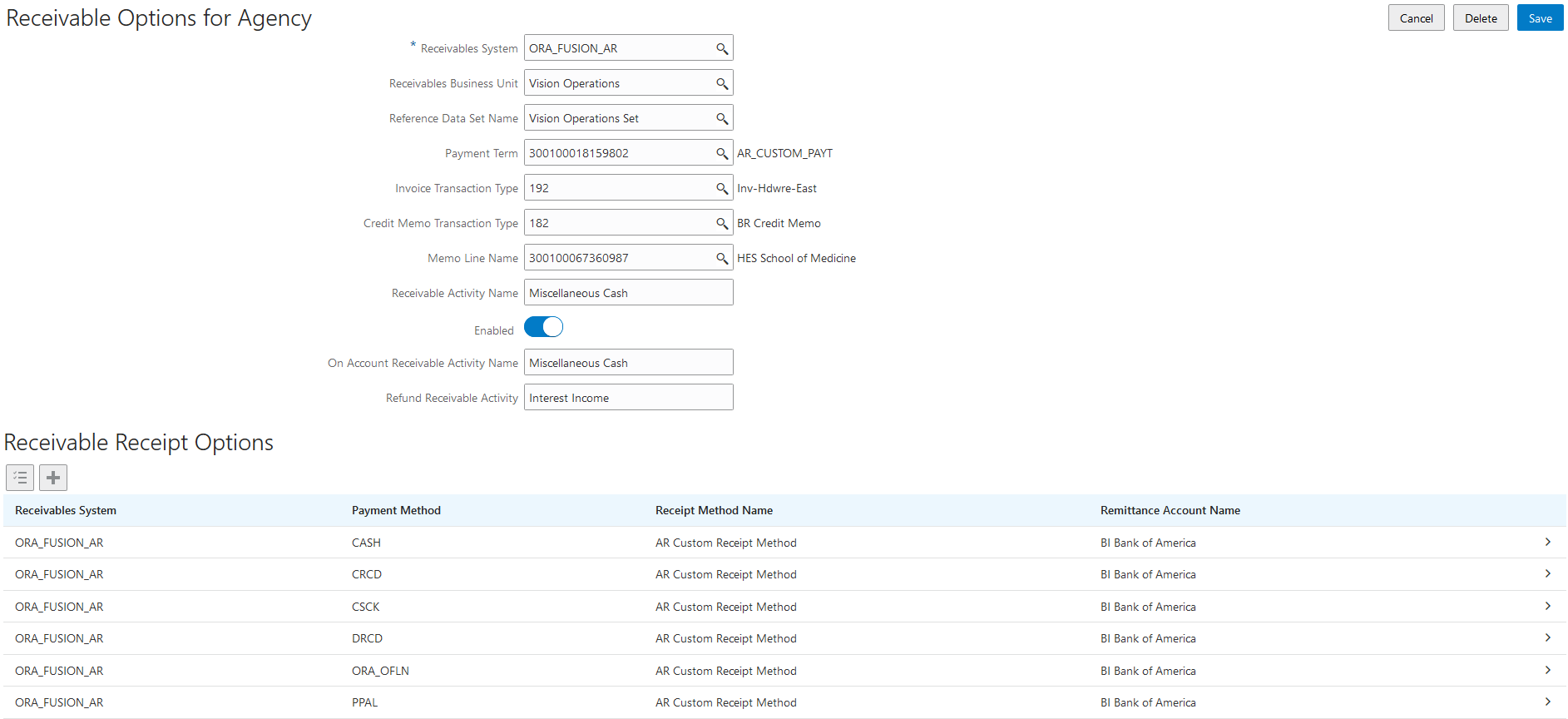 Example of the Receivable Options for Agency details page