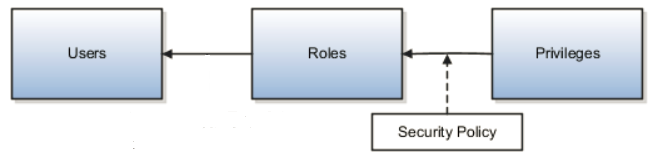 User, role, privilege relationship. Details surround the image.