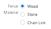 Sample list-of-values field: radio set, showing various fence materials to select