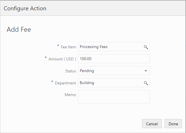 Configure Action page - Add Fee