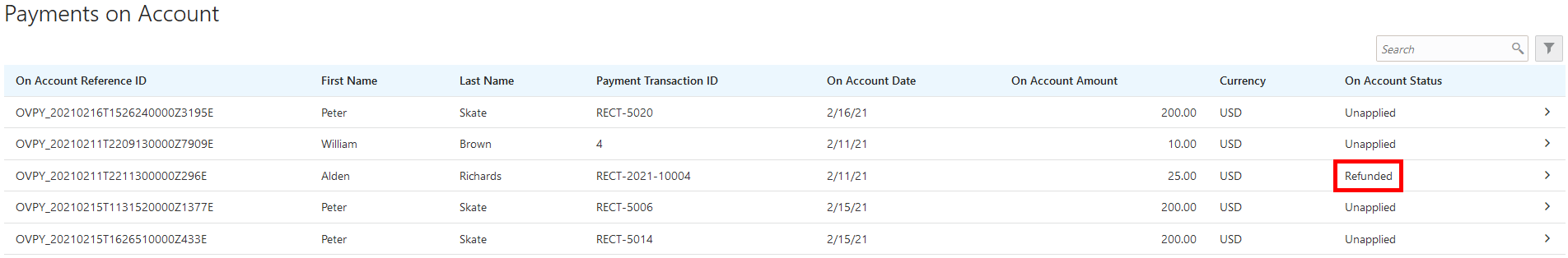 Example of the Payments on Account page after a refund is processed