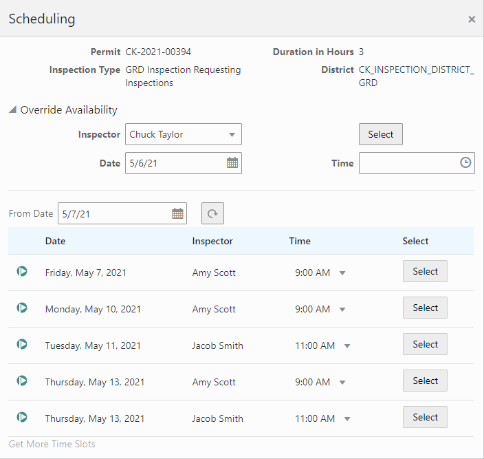 Example of the Scheduling modal page for an inspections supervisor