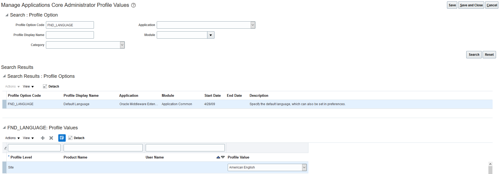 Example of the Manage Applications Core Administrator Profile Values page