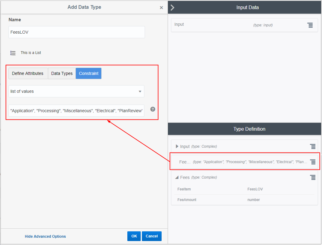 Adding a list of values (LOV) for validation in the decision model