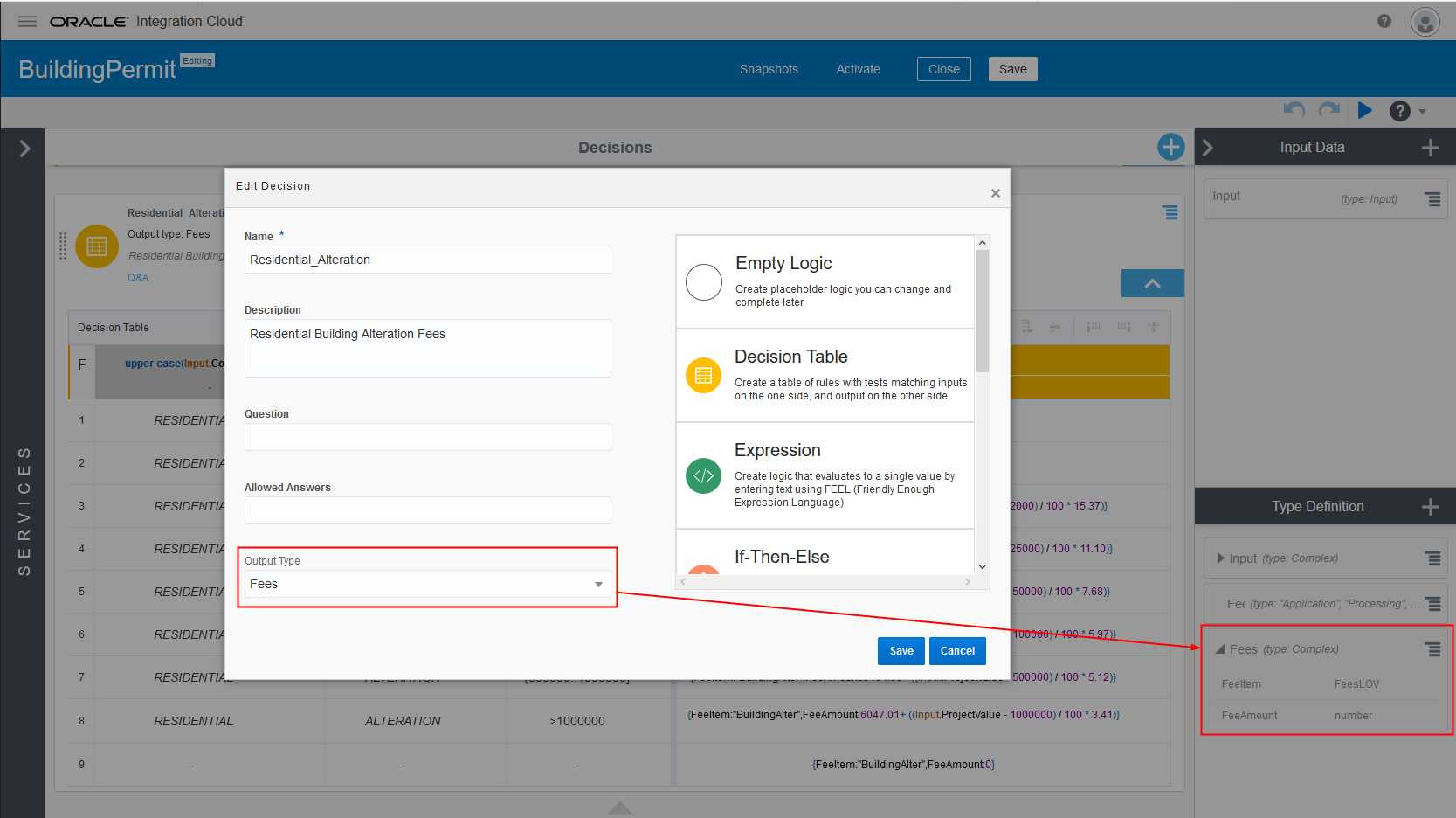 Adding the output data type to the decision model