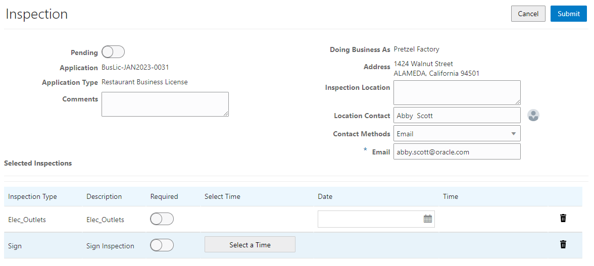 Inspection request page for multiple inspections