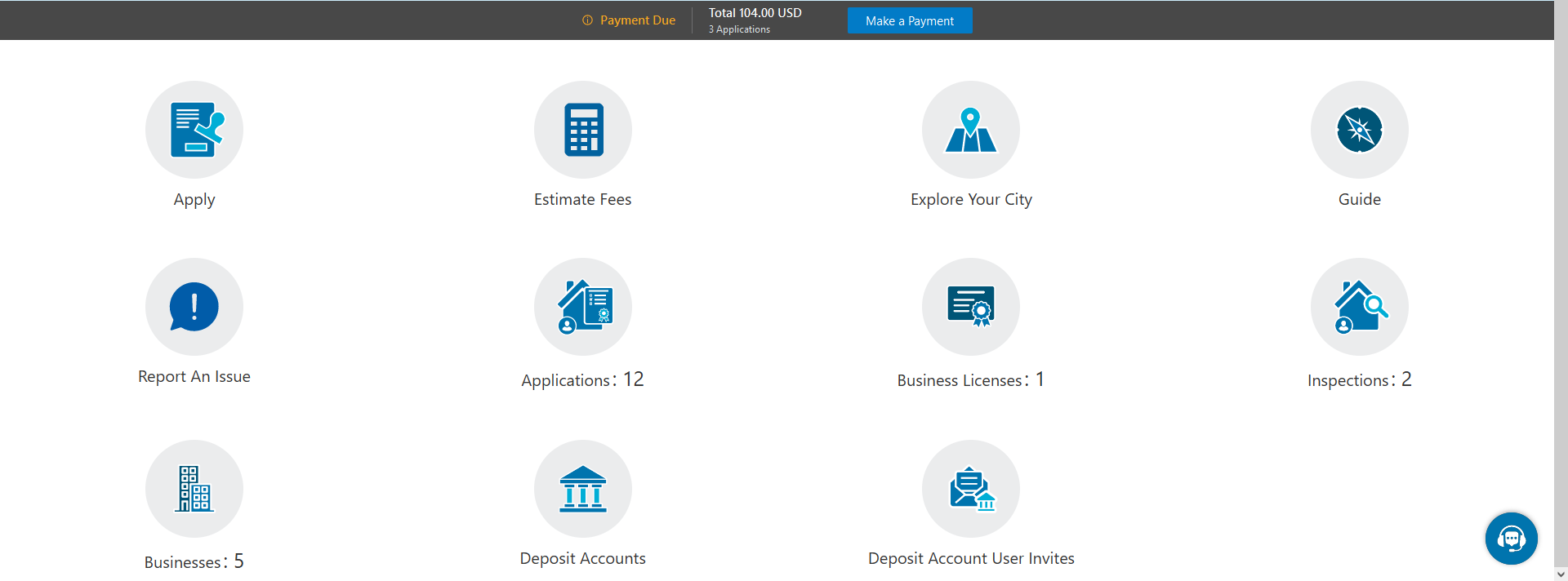 The registered user landing page (2 of 2) showing the payment banner and landing page tiles