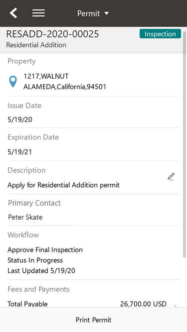 Oracle Inspector - Permit Overview page
