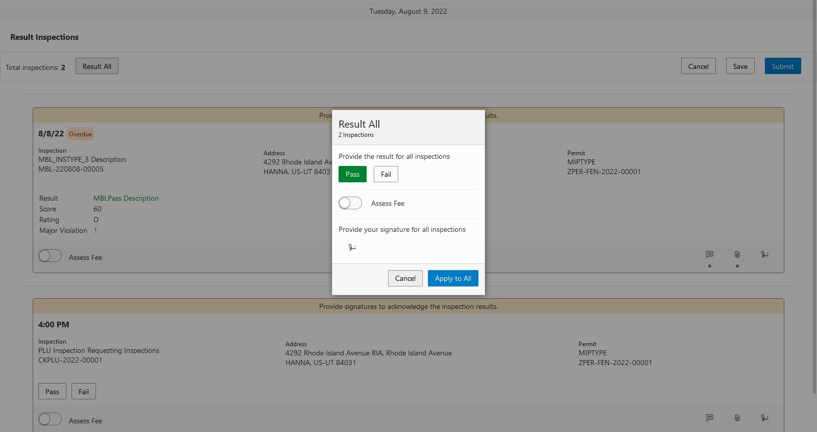 Result All modal page accessed by clicking Result All on the Result Inspections page