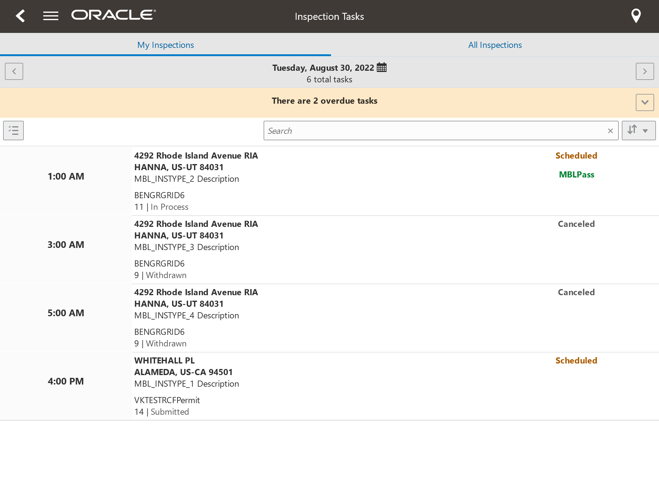 Inspection Tasks page with the My Inspections tab open