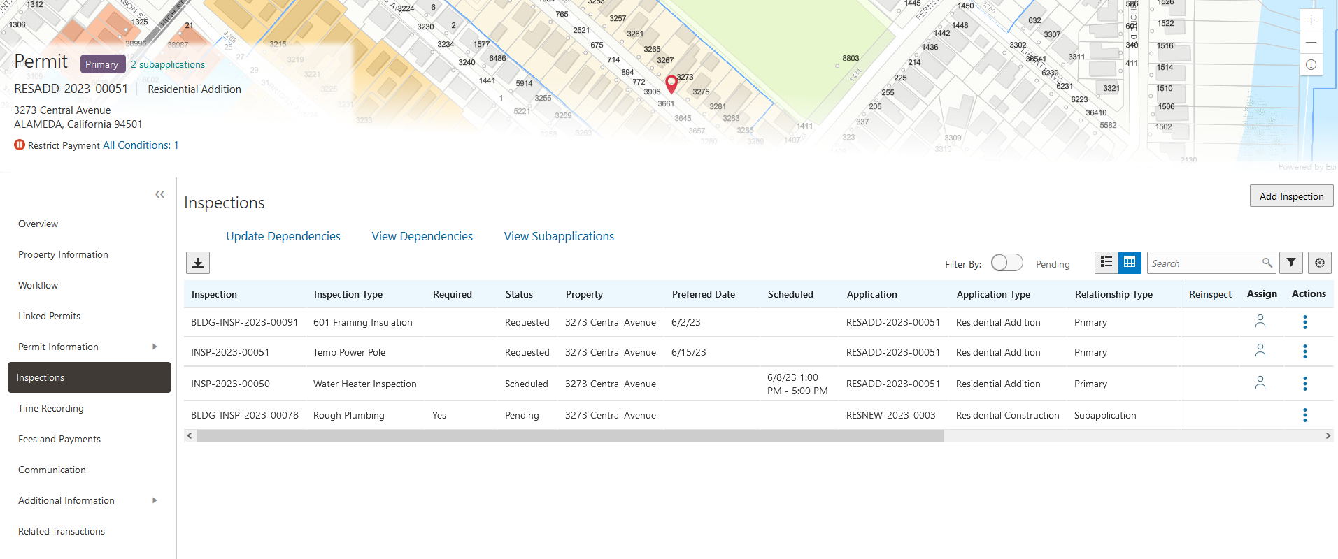 Example of the Inspections page in the permit details