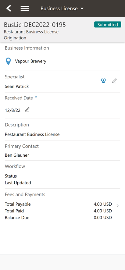 Business License Activity Summary page in the Oracle Inspector mobile application